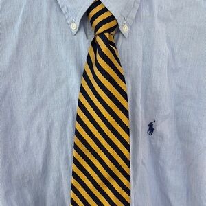 Brooks Brothers 100% silk Gold/Yellow and Blue Striped Tie made in USA